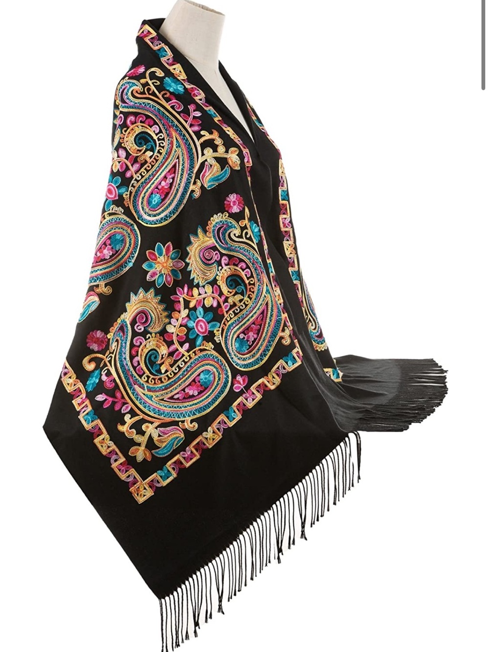 NWOT Black Paisley Embroidered Fringe Shawl - Multicolor Accents